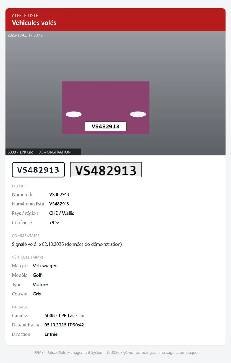 Mail d’alerte PPMS : photo du véhicule, plaque lue, liste, commentaire et détails du passage (données de démonstration).